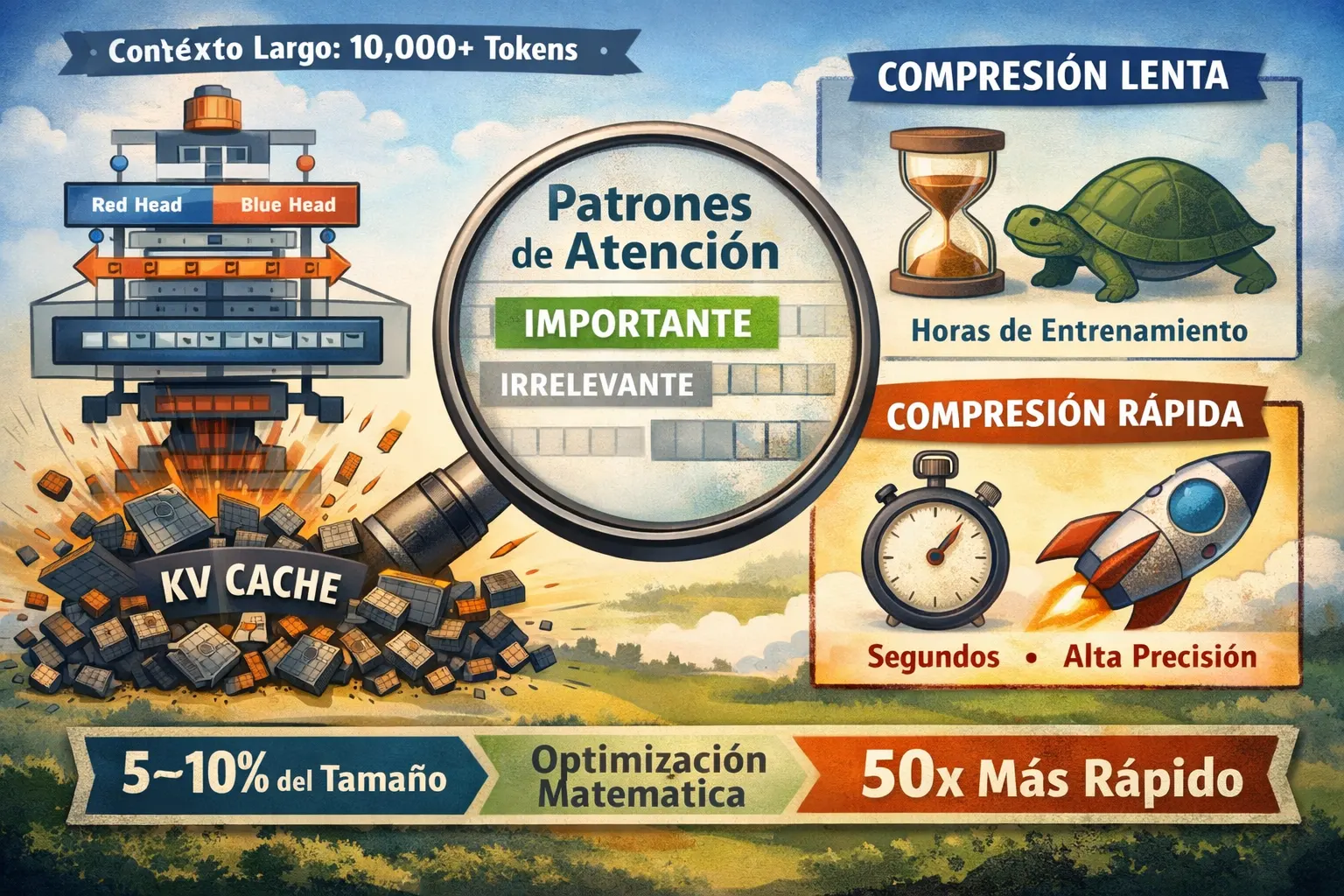diagrama de atención y compresión de caché KV