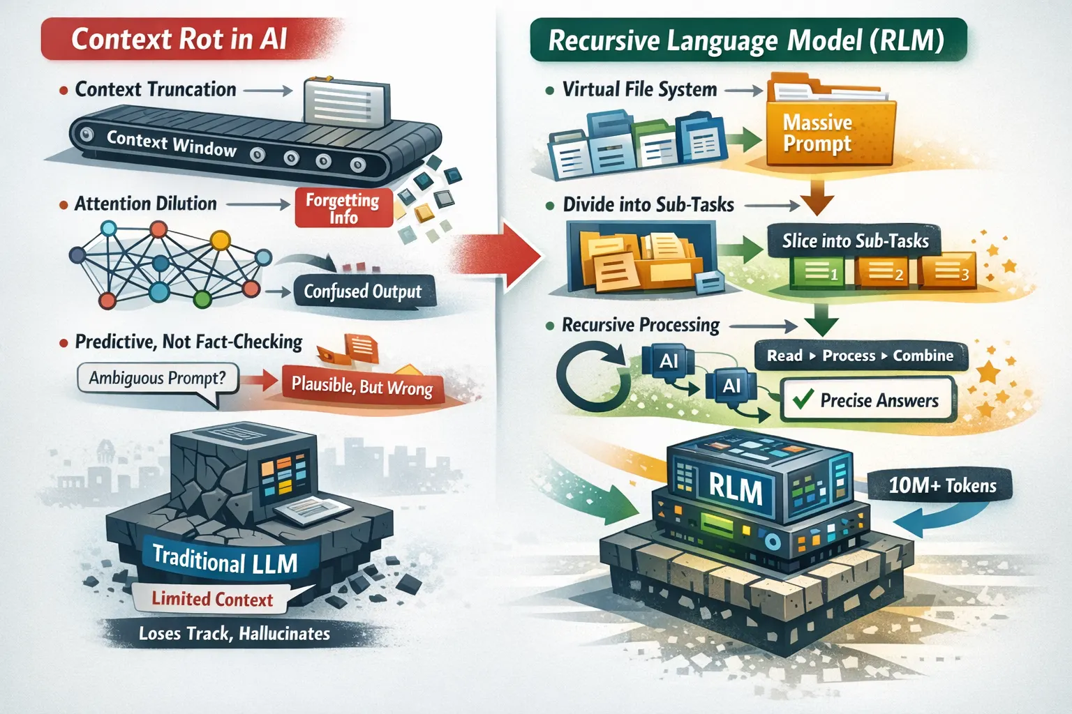 Ilustración conceptual de un modelo de lenguaje recursivo procesando información en capas