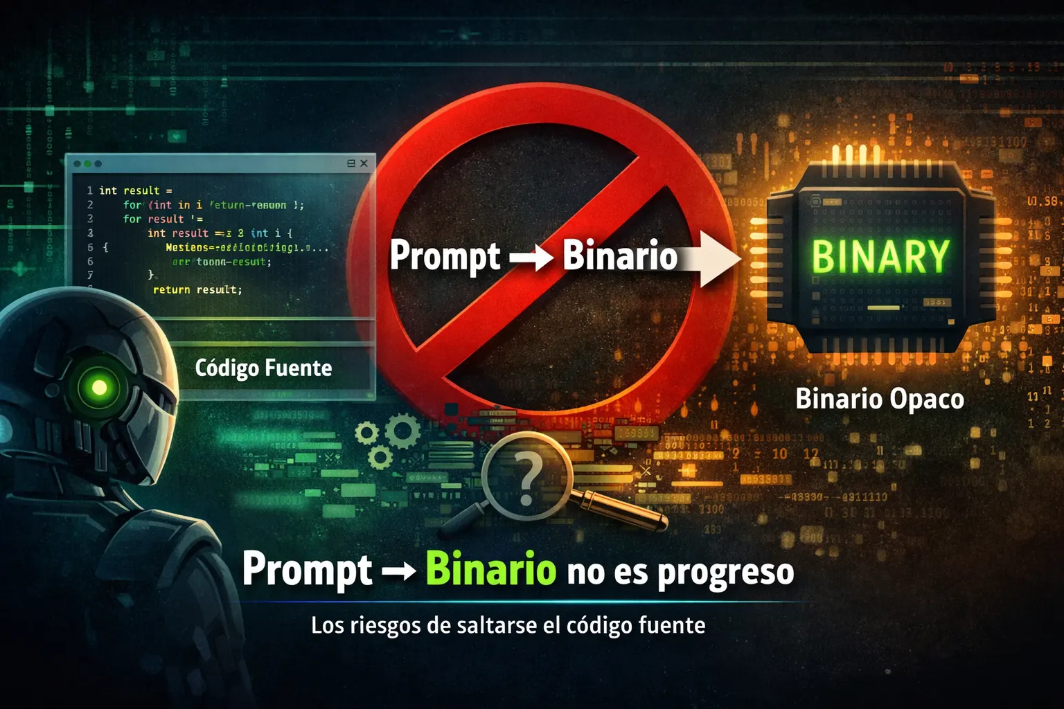 Diagrama comparando compilación tradicional con generación directa de binarios por IA