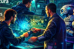 Ilustración de un desarrollador trabajando junto a agentes de IA en un entorno futurista de código